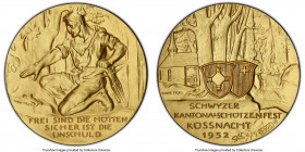 Confederation gold Specimen "Schwyz Shooting Festival" Medal 1952 SP69 PCGS, Richter-1109a, 33mm. 900 fine gold. By Hans Hrei. Obv. Two shields, with ...