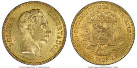 Republic gold 100 Bolivares 1889 AU58 PCGS, Caracas mint, KM-Y34, Fr-2. Abundantly lustrous and revealing only gentle friction that points to a brief ...