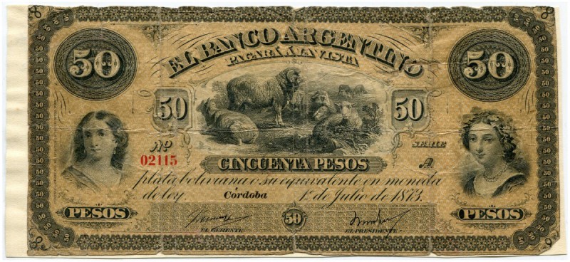 ARGENTINIEN 
 Banco Argentino. 50 Pesos vom 1. Juli 1873. Pick S1463. Stark zir...