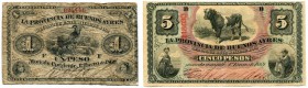 ARGENTINIEN 
 Lot. La Provincia de Buenos Aires. 1 Peso vom 1. Januar 1869 (rote Seriennummer) & 5 Pesos vom 1. Januar 1869. Pick S481a, S483a. IV – ...