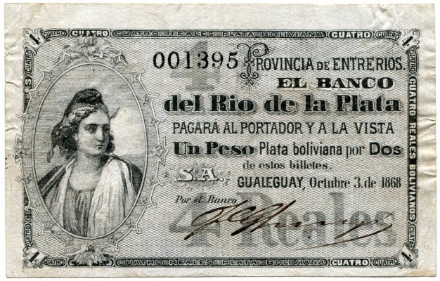 ARGENTINIEN 
 Banco del Rio de la Plata (Provincia de Entrerios). 4 Reales Plat...