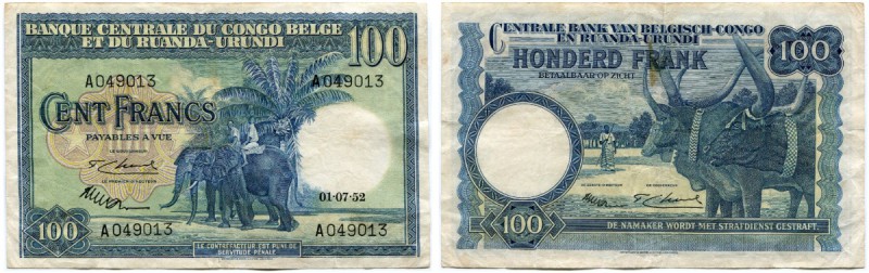 BELGIEN 
 Banque Centrale du Congo Belge et du Ruanda-Urundi. 100 Francs / Fran...