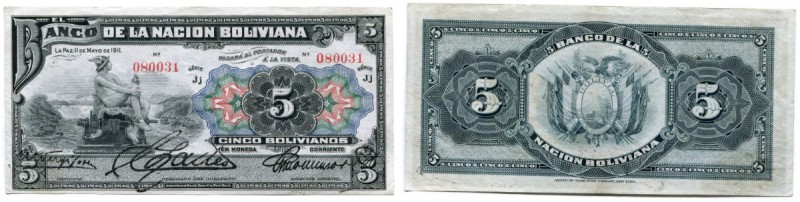 BOLIVIEN 
 Lot. Banco de la Nacion Boliviana. 5 Bolivianos vom 11. Mai 1911 & B...