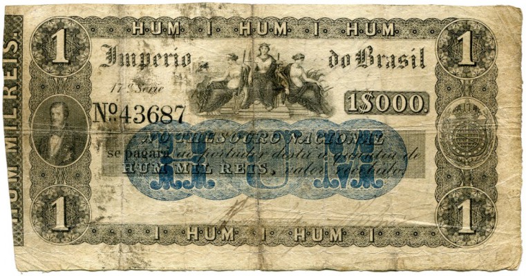 BRASILIEN 
 1 Mil Reis o. J. (1852-1867). Pick A228. Mehrfach gefaltet, wenig N...