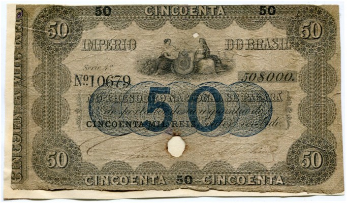 BRASILIEN 
 50 Mil Reis o. J. (1852-1867). Pick A233. Auf Papier aufgeklebt. Te...