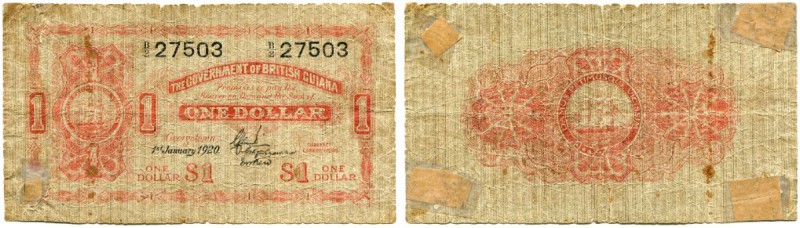 BRITISCH GUYANA 
 1 Dollar vom 1. Januar 1920. Pick 1A. Sehr selten. Ecken der ...