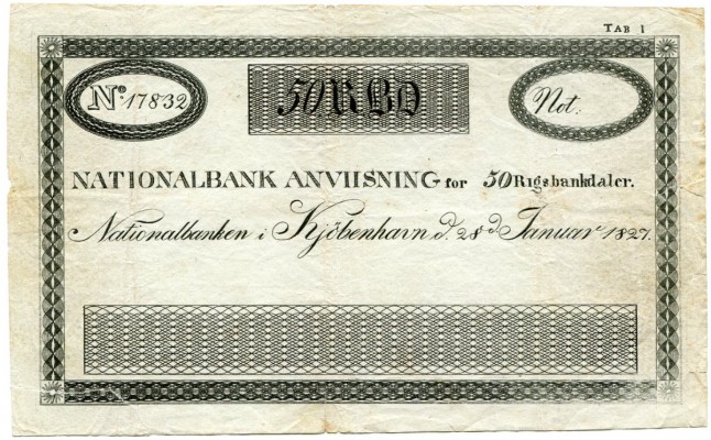 DÄNEMARK 
 50 Rigsbankdaler vom 28. Januar 1827. Kopenhagen. Pick -. Probedruck...