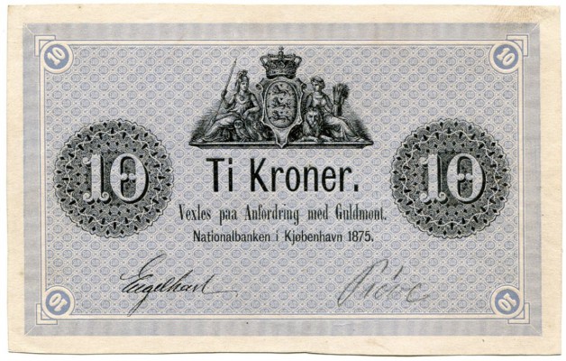 DÄNEMARK 
 Lot. 10 Kronen 1875. Probedruck ohne Seriennummer & Papierausschnitt...