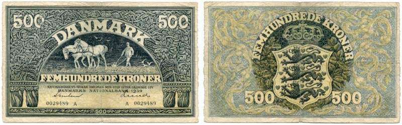 DÄNEMARK 
 500 Kronen von 1939, Prefix A. Pick 34a. Selten. Faltmitte min. durc...