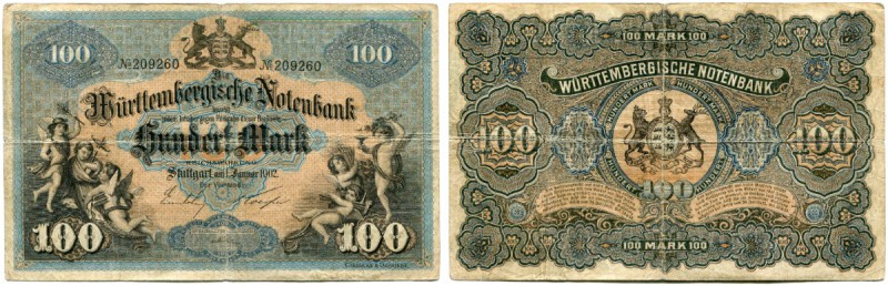 DEUTSCHLAND 
 Württembergische Notenbank. 100 Mark vom 1. Januar 1902. Pick S97...
