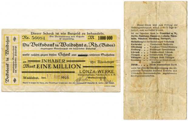 DEUTSCHLAND 
 Notgeld. Volksbank Waldshut. 1000000 Mark vom 17. August 1923. Mi...