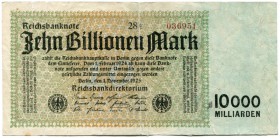 DEUTSCHLAND 
 10 Billion Mark vom 1. November 1923. Rosenberg-Grabowski 128c. Pick 131a. Selten. Repariert. III