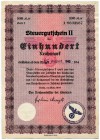 DEUTSCHLAND 
 Steuergutscheine. Lot. Steuergutschein II. 100 Reichsmark vom August 1942 (Datum gestempelt). Steuergutschein zu 2,38 Reichmark. Steuer...