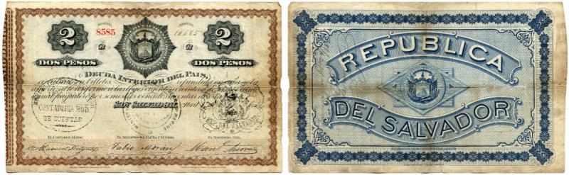 EL SALVADOR 
 Lot. Deuda Interior del Pais. 2 Pesos vom 1. April 1877 & 10 Peso...