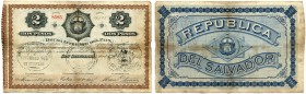EL SALVADOR 
 Lot. Deuda Interior del Pais. 2 Pesos vom 1. April 1877 & 10 Pesos vom 1. April 1877. Pick 10, 12. Selten. Beide etwas fleckig und rech...