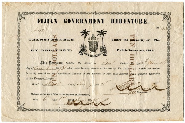 FIJI 
 Fijian Government Debentures. 10 Dollars vom 1. Januar 1872. Unterschrif...