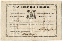 FIJI 
 Fijian Government Debentures. 10 Dollars vom 1. Januar 1872. Unterschrift von Hennings handschriftlich entwertet. Pick 5b. Selten. Kl. Risse u...