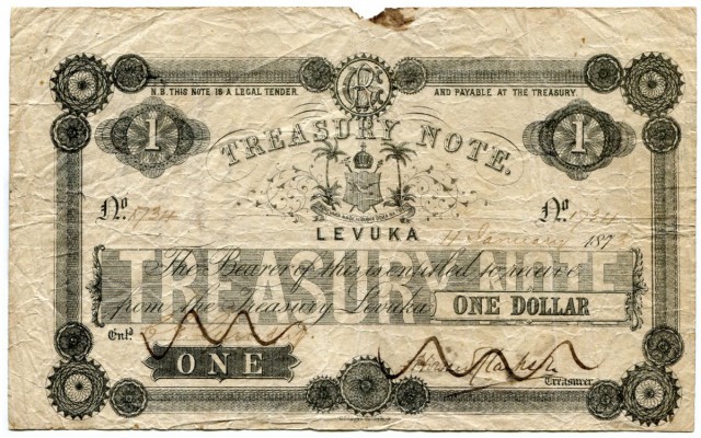 FIJI 
 Treasury Note. 1 Dollar vom 11. Januar 1873. Unterschrift von Howard Cla...