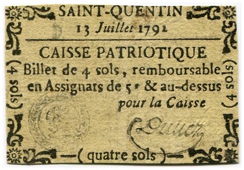 FRANKREICH 
 Saint-Quentin. 4 Sols vom 13. Juli 1792. Selten. Senkrecht gefalte...