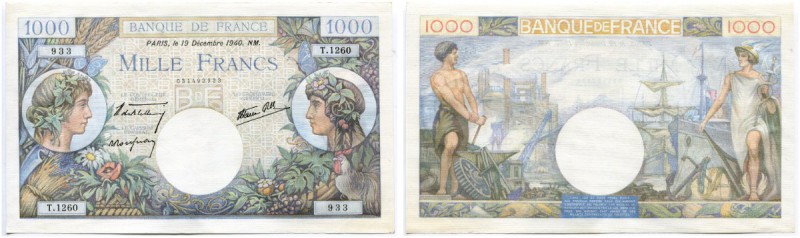 FRANKREICH 
 Banque de France. Lot. 1000 Francs vom 19. Dezember 1940 (2). Seri...