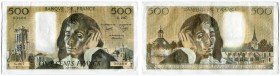 FRANKREICH 
 Lot. 500 Francs vom 5. Juli 1984 & vom 2. Februar 1989. Pick 156e, g. Die Note vom 5. Juli 1984 mit Seriennummer 00300 (Radarnummer) III...