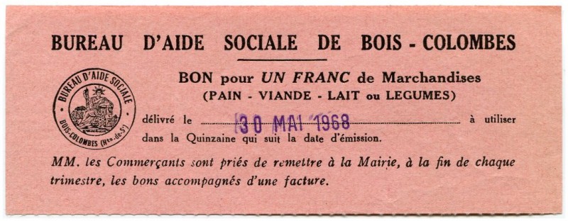 FRANKREICH 
 Bureau d’aide sociale de Bois-Colombes. 1 Franc vom 30. Mai 1968. ...