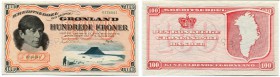 GRÖNLAND 
 100 Kronen vom 16. Januar 1953. Specimen. Unterschrift Christensen. Lochperforiert “SPECIMEN”. Pick 21s. I