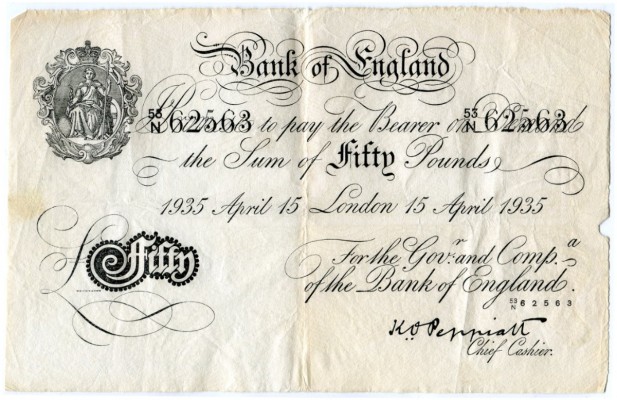 GROSSBRITANNIEN 
 50 Pfund vom 15. April 1935. Unterschriften Peppiatt. Pick 33...