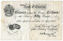 GROSSBRITANNIEN 
 50 Pfund vom 15. April 1935. Unterschriften Peppiatt. Pick 338a. Kl. Nadellöcher und Papierverlust rechter Rand. Selten. III+