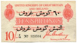 GROSSBRITANNIEN 
 Treasury notes. 10 Schillings o. J. (Jan. 1915) mit schwarzem Überdruck in Türkisch: ”60 silver piasters”. Zum Gebrauch für die all...