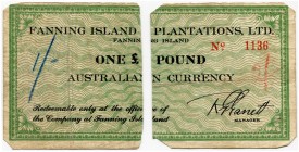GROSSBRITANNIEN 
 Britische Kolonien. Fanning Island. 1 Pfund o. J. (ca. 1943). Zwei Teile, je mit blauer (links) und roter (rechts) Farbnotiz gekenn...