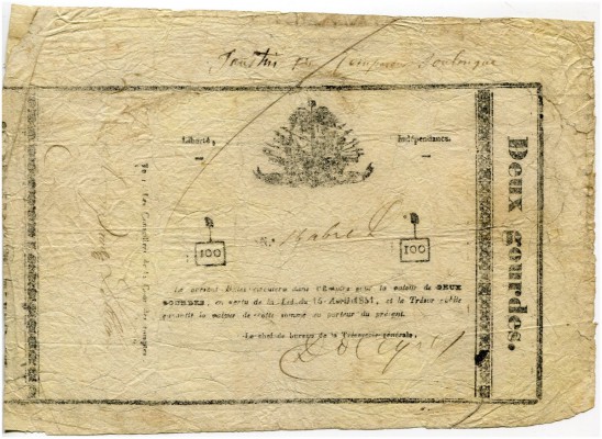 HAITI 
 Republik Haiti. Lot. 1 Gourde 1827 (6. Emission). 2 Gourdes 1827 (6. Em...