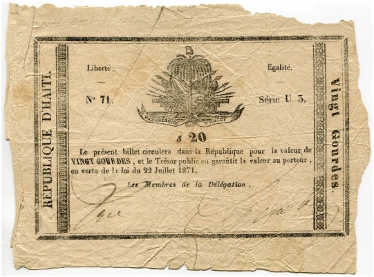 HAITI 
 Verwaltung von Süd-Haiti. 20 Gourdes vom 22. Juli 1871. Pick 65. Nadell...