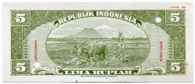 INDONESIEN 
 Republik Indonesien. Lot. 5 Rupien vom 1(1). September 1948. Specimen. Einseitige Andrucke von Vorder- und Rückseite mit rotem Zusatzdru...