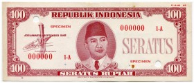 INDONESIEN 
 Lot. 100 Rupien vom 1(1). September 1948. Specimen. Einseitige Andrucke von Vorder- und Rückseite mit rotem Zusatzdruck “SPECIMEN 000000...