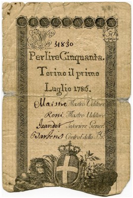 ITALIEN 
 Sardo-Piemontese/Turin. 50 Lire vom 1. Juli 1786. Gavello 17. Pick S1...