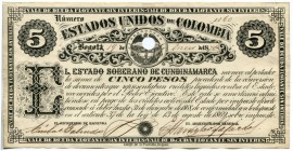 KOLUMBIEN 
 Lot. Estado Soberano de Cundinamarca. 5 Pesos vom 19. Januar 1870. Nadellöcher links und im Wappen lochentwertet. Klebereste aus Album. S...