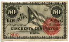 KUBA 
 Lot. Republica (de Cuba). 50 Centavos 1869 (2). 1 Peso 1869 & 5 Pesos 1869. Pick 54, 55a, 57a. Teilweise Klebereste aus Album. Attraktive Erha...