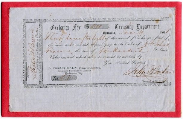 LIBERIA 
 Republik Liberia. Treasury Bill. 200 Dollars vom 19. Juni 1861. Nr. 5...