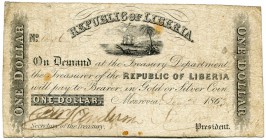LIBERIA 
 1 Dollar vom 28. Dezember 1863. Pick 6c. Stark zirkuliert, jedoch keine Löcher. Selten. -III