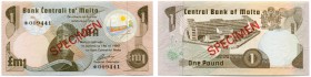 MALTA 
 Zentralbank von Malta. Lot. 1 Pfund von 1967/1979. 5 Pfund von 1967/1979 & 10 Pfund von 1967/1979. Specimen. Alle Noten beidseitig mit rotem ...