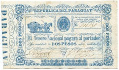 PARAGUAY 
 República del Paraguay. Lot. El Tesoro Nacional. 4 Reales o. J. (1856) & 2 Pesos o. J. (1865) (3). Pick 2, 22. Die 4 Realesnote stark repa...