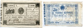 PARAGUAY 
 Lot. El Tesoro Nacional. 5 Pesos o. J. (1862). 3 Pesos o. J. (1865). 4 Pesos o. J. (1865) & 5 Pesos o. J. (blau). 180 x 120 mm mit blauem ...