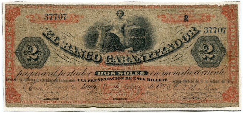 PERU 
 Banco Garantizador. 2 Soles vom 1. September 1876. Pick S165. Diverse Na...