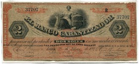 PERU 
 Banco Garantizador. 2 Soles vom 1. September 1876. Pick S165. Diverse Nadellöcher. Auf Papier aufgeklebt. Selten. -IV