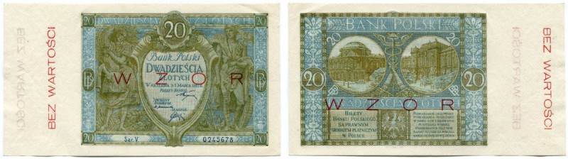 POLEN 
 20 Zlotych vom 1. März 1926. Musternote/Specimen. Beidseitiger roter Üb...