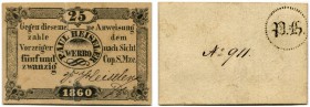 Russland – Provinzialausgaben. 
 Werro/Võru. Paul Heiseler. 25 Kopeken von 1860. Senkrechter Falt. Sehr selten. III+