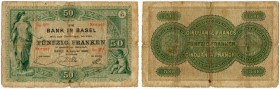SCHWEIZ 
 Basel 
 50 Franken vom 2. Januar 1899. Emission von 1881-1907. Richter/Kunzmann K13e. Pick S146. Selten. Stark zirkuliert. Nadellöcher. IV...