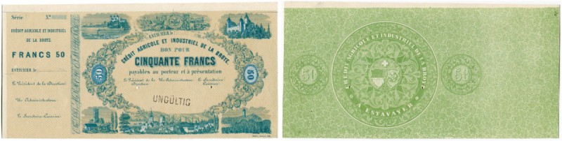 SCHWEIZ 
 Freiburg/Fribourg 
 50 Franken vom … 1866 (Datum retouchiert). Probe...