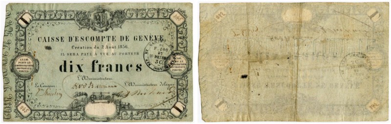 SCHWEIZ 
 Genf 
 Caisse d’Escompte de Genève. 10 Franken vom 2. August 1856. R...